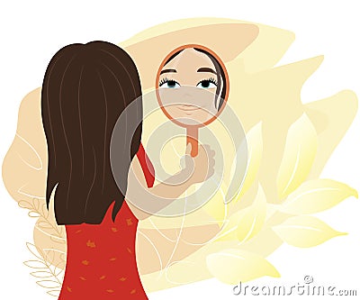 A young girl looks at herself in the mirror, the girl admires herself, love for herself Stock Photo